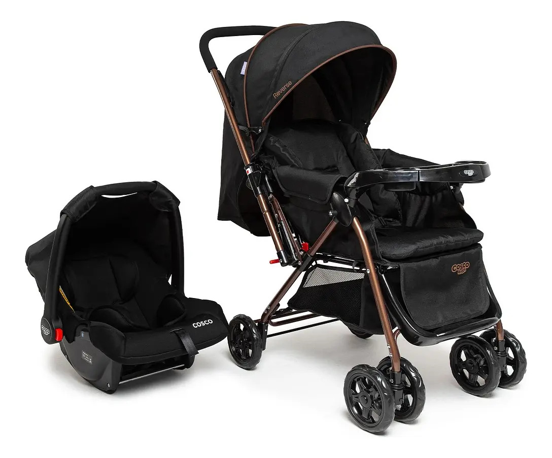 Conjunto Travel System Reverse DUO Preto Bronze, Carrinho de Bebê + Bebe Conforto Cosco Kids