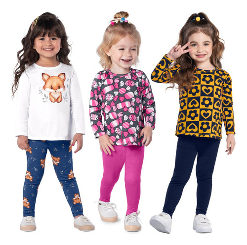 Kit 3 Conjuntos Infantil Meia Estação Blusa E Legging Kyly