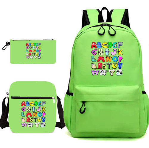 Conjunto Alphabet Lore de 3 mochilas escolares para estudantes, cor verde