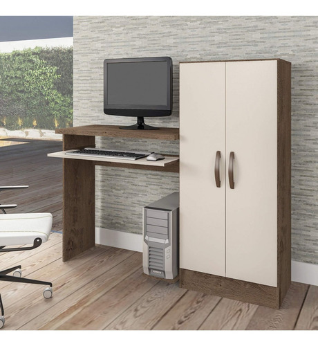 Mesa Para Computador Com Armário 2 Portas Irlanda Jwt Cor Mocaccino rústico/Natura off white