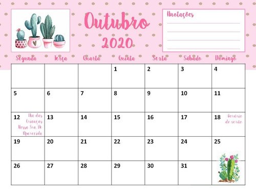 Calendário 2020 Cactos Suculentas Sem Propaganda Planner Pdf