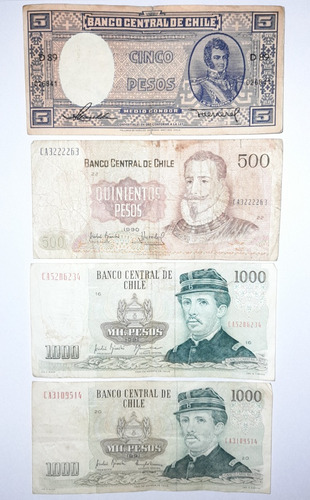 Billetes Antiguos Pesos Chilenos 5, 500 Y 1000.