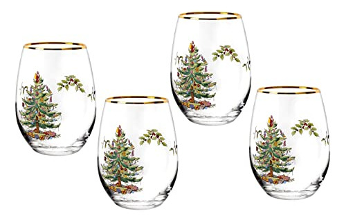 Vasos De Árbol De Navidad Spode - Set De 4 - Borde Dorado