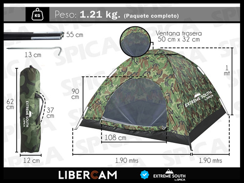 Carpa Camping Automatica Spica Car-01 Playa 4 Personas Camuflaje Verde