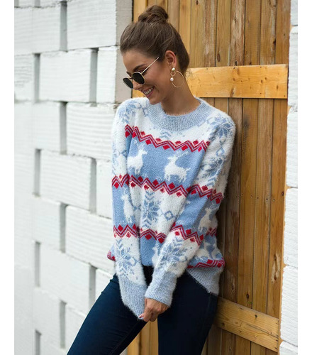 Suéter Punto Suave Con Copos De Nieve Para Mujer Navidad