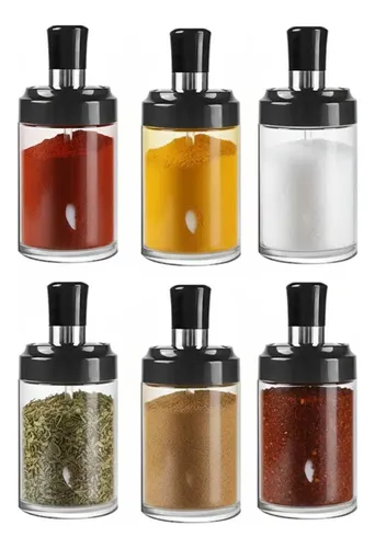 Tenha Em Casa Kit 6 Potes Vidro Com Colher Temperos Condimentos Sal Açúcar Hermético Tampa Cozinha Organização Transparente