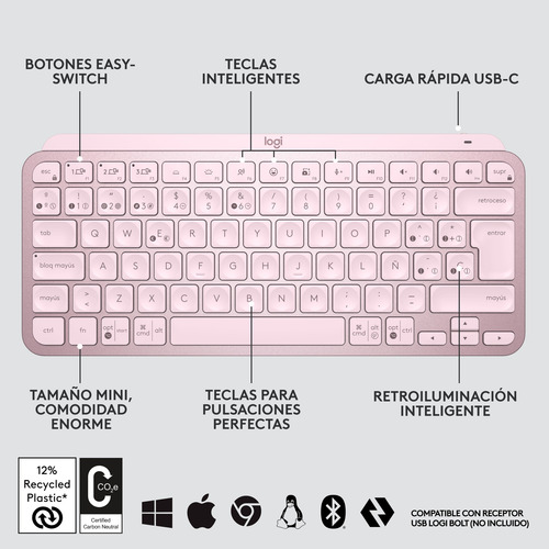 Teclado Inalámbrico Minimalista Logitech Mx Keys Mini Rosado