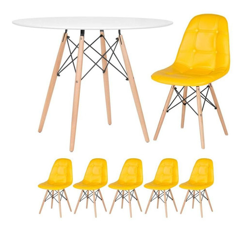 Mesa Jantar Eames Wood 100 Cm + 5 Cadeiras Estofadas Botonê Cor Mesa branco com cadeiras amarelo