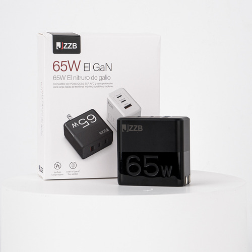 Jzzb 65w Gan Cargador De Tres Puertos Carga Rapida Con Cable Color Negro
