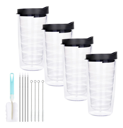 Futtumy Juego 4 Vaso Aislado Transparente Tapa Negra Pajita