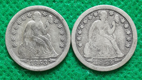 2 Monedas De 10 Centavos Dolar En Plata, Eeuu, Año 1853