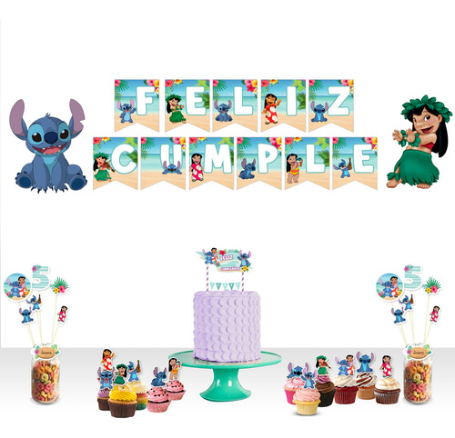 Mega Pack Lilo Y Stitch Topper Banderin Pinchos 