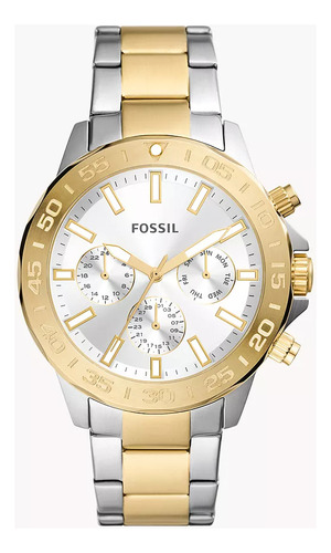 Relógio masculino Fossil de dois tons de aço inoxidável Bq2707, pulseira de prata, moldura dourada, fundo prateado