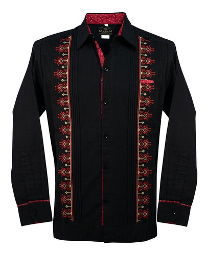 Guayabera Lino Manga Larga Bordado Rojo