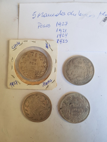 Set 4 Monedas  Chilenas De Platas Años 1921.24.25.27