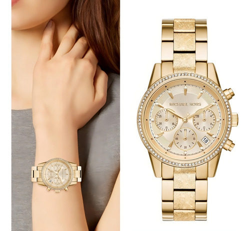Relógio Feminino Michael Kors Mk6597 Dourado Ouro Cristais Cor Da Correia Dourada