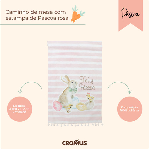 Toalha Caminho de Mesa Rosa e Branco Coelhinho 33x180cm