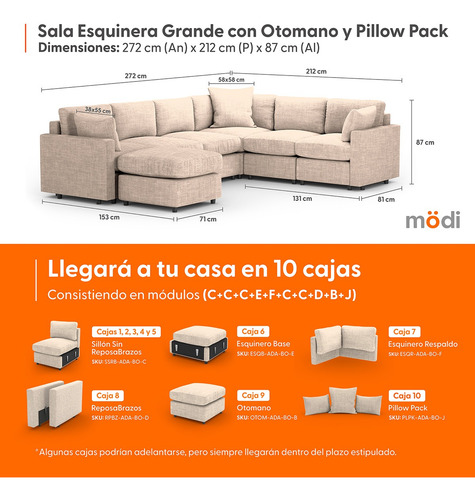Sala Seccional Modular Esquinera 6 Plazas + Otoman + Pillow Beige Liso