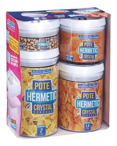 Kit 4 Potes Herméticos Acrílico Crystal Redondo Tampa Branca