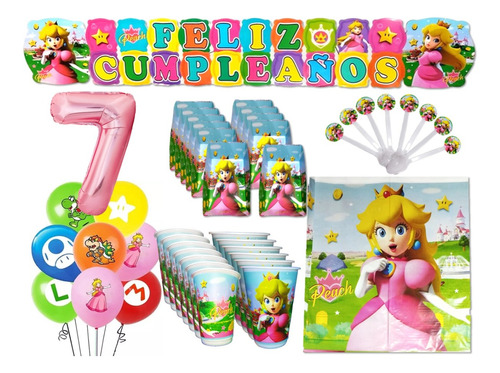 Kit Decoracion Mario Bros Princesa Peach X24 Niños + Bombas