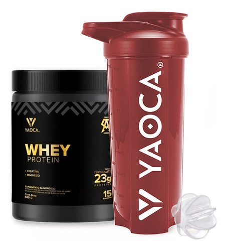 Combo Suplemento En Polvo Yaoca Proteína Whey 500g + Shaker Sabor Chocolate + Shaker Rojo