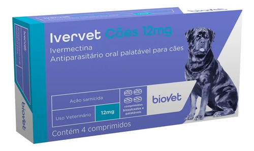 Antiparasitário Ivervet Para Sarna Cães 12mg Biovet 4 Comp.