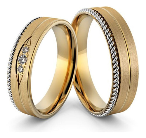 Par Alianças Ouro 18k Retas Tranças 6mm 12gr Com 3 Zircônias
