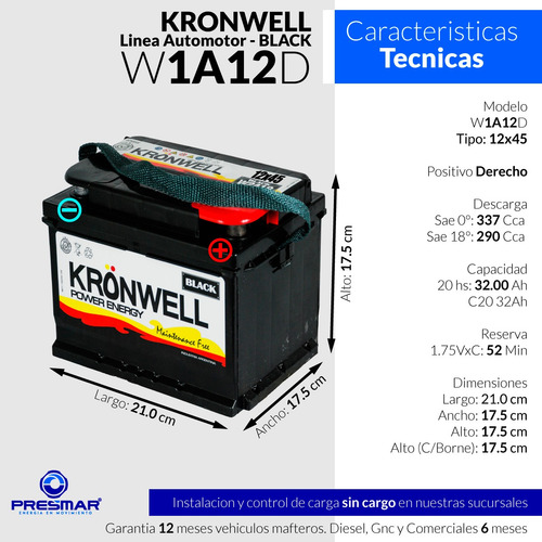 Imagen 2 de 10 de Bateria Kronwell 12x45 12v 45ah W1a14