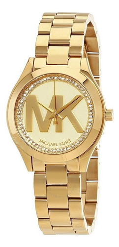 Reloj de pulsera Michael Kors Runway MK3477 de cuerpo color oro, analógico, para mujer, fondo beige, con correa de acero inoxidable color oro, agujas color oro, bisel color oro y desplegable