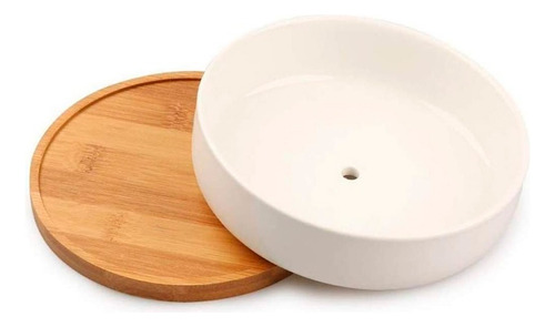 Ilios Innova Maceta Redonda De Cerámica Con Basa De Madera Color Blanco Maceta Redonda con basae de Madera
