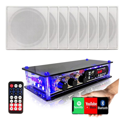 Amplificador Som Ambiente + 8 Caixa Acustica Bluetooth Teto