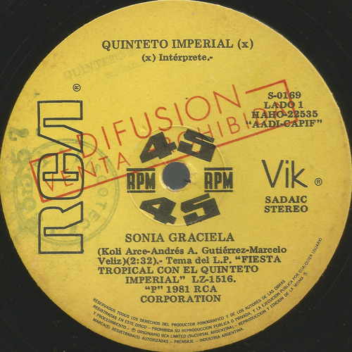 Quinteto Imperial / Sonia Graciela - Simple Vinilo Promo