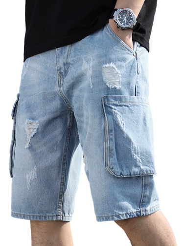 Bermuda Masculina Jeans Cargo Emolly & Ye Calças De 7 Pontos