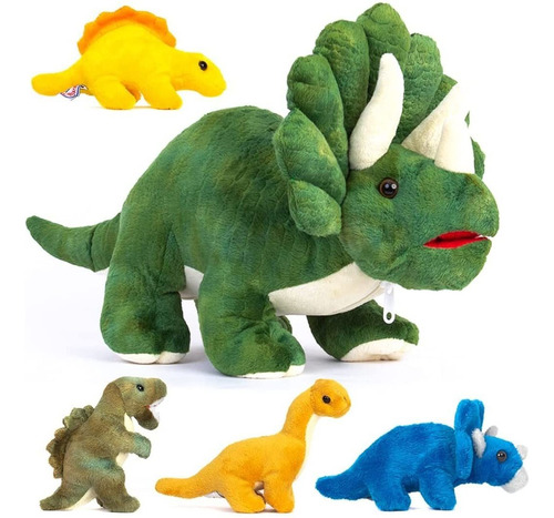 Triceratops De Peluche Con 4 Pequeños Dinosaurios