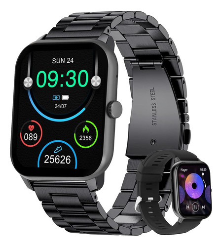 Smartwatch Mertto para homens e mulheres, 1,83 polegadas, Bluetooth, chamadas, notificações de informações, iOS, Android, esportes, saúde, preto, duas alças