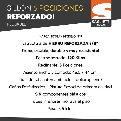 Imagen 3 de 8 de Sillon Reposera 5 Posiciones Reforzada Alta 120 Kilos