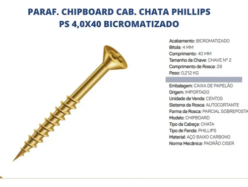 Parafuso 4,0 X40 Ciser Cabeça Chata Para Madeira Mdf C/500
