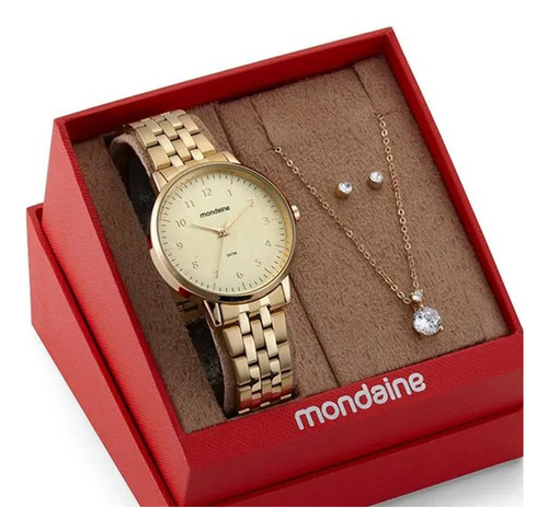 Kit Relógio Mondaine Dourado Com Semijoias 32596lpmkde1k1