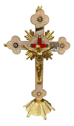 Crucifixo Em Metal Dourado P/ Parede E Mesa Resinado - 30cm