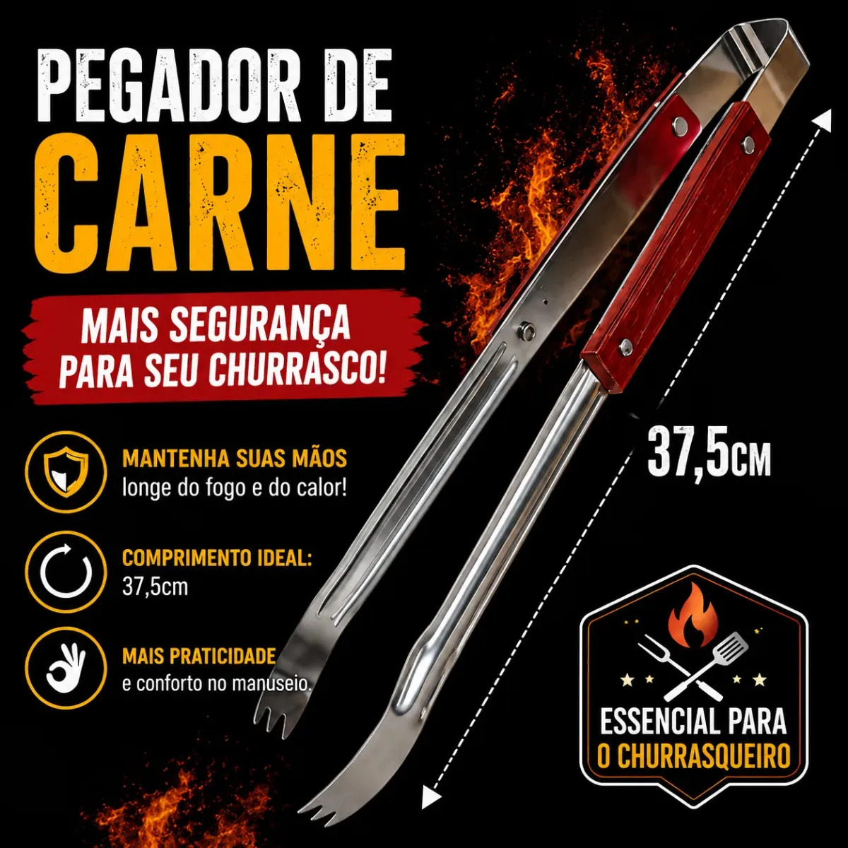 Pegador Para Carne Churrasco Inox E Madeira 37cm Resistente Cabo Madeira Grande Longo Pegador Churrasco Profissional Mariazinha