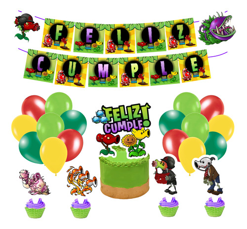 Set Globos+ Banderin+ Toppers Plantas Vs Zombie Feliz Cumple Verde Plantas Vs Zombies Fusion.