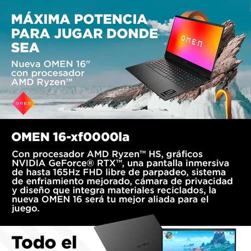 Laptop Gaming OMEN 16-xf0000la Negro AMD Ryzen 9 16 GB RAM GPU NVIDIA GeForce RTX 4070 1 TB SSD 16.1" FHD - Excelente (Reacondicionado)