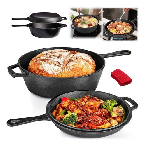 2 En 1 Olla Y Sartén Combinados De Hierro Fundido 26cm 4.7l