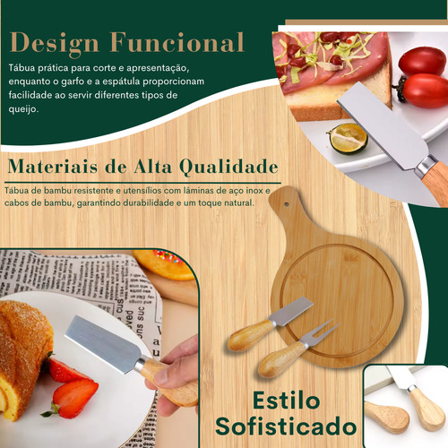 Kit Tábua 3pcs Queijos Madeira Bambu Aço Inox Frios Petiscos