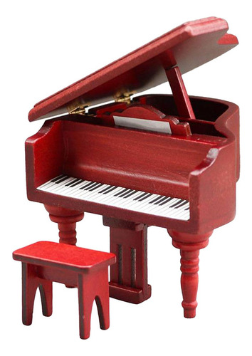 Piano Con Silla Roja Para Casa De Muñecas 1:12, Casa De