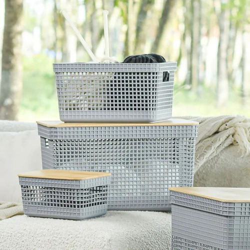 Cesto Organizador Grid C/ Tampa De Bambu 8l Chumbo Ou Cor Cinza
