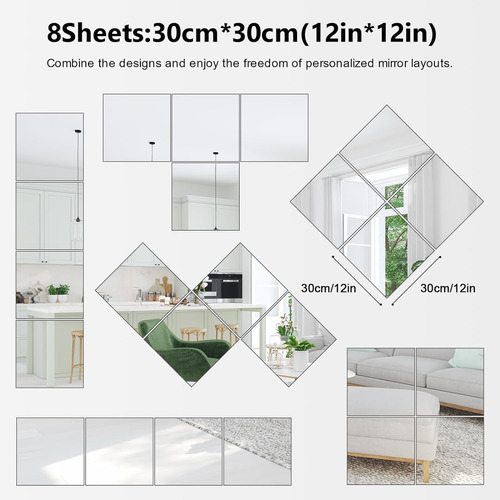 8 Azulejos De Espejo De Pared, Hoja De Espejo Flexible De 12