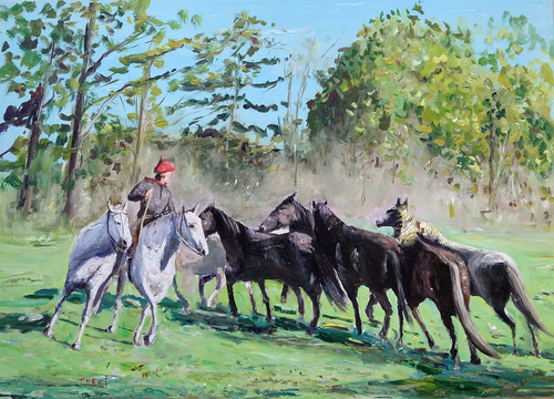 Cuadros Caballos Tropillas Costumbrismo Pintado A Mano 50x70