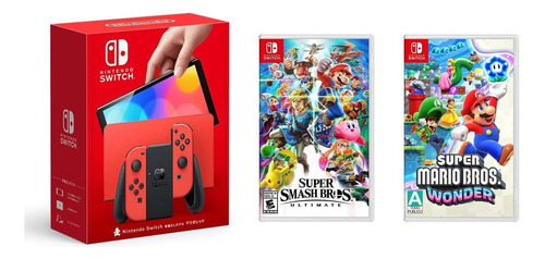 Nintendo Switch Oled Red 64gb+juegos Smash Bros Mario Wonder Color Rojo