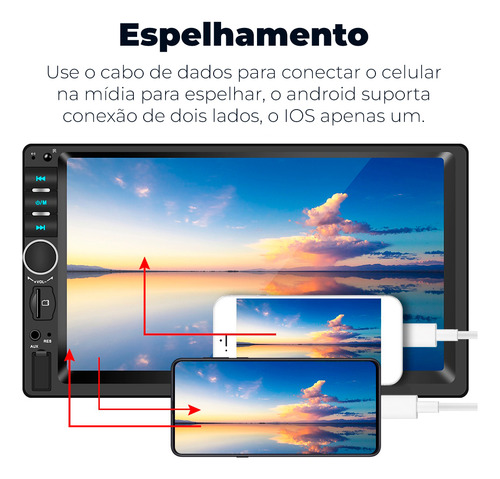 Central Multimídia Universal 1 Din Espelha Android Ios Usb